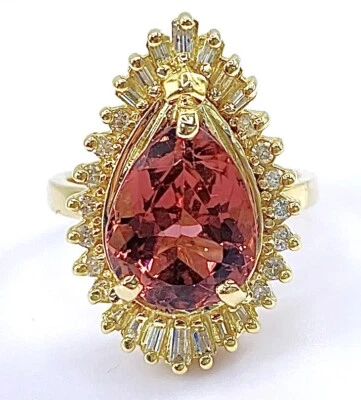 Anillo Halo Turmalina 4.50 ct DIAMANTE y Rosa Melocotón ORO AMARILLO SÓLIDO 14k (VIDEO) Foto 1 de 2