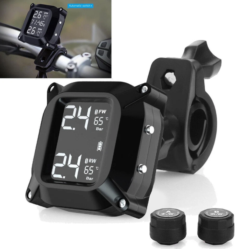 Motorcycle TPMS Real Time Tire Pressure Monitor System Digital LCD W/2Pcs Sensor - Image 1 of 4
