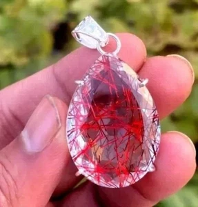 Natural Rutilated Quartz 93.10 Ct 925 Solid Silver Pendant Pear Red Gemstone - Picture 1 of 5