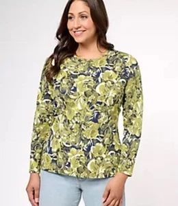 D&Co Denim & Co Perfect Jersey Top Damen 2X Grün Rose Blumen Langarm - Bild 1 von 9