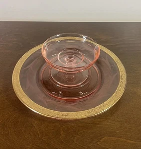 Pink Depression Glass Mayonnaise Bowl & Floral Etched Gold Encrusted Under Plate - Picture 1 of 10