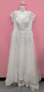 Vestido de novia largo con apliques florales línea A de tul manga corta cuello en V EE. UU. 16 blanco - Imagen 1 de 7