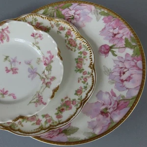 3 Antique HAVILAND Porcelain Plates 5-7" PINK ROSES + Lavender Flowers GILT Trim - Picture 1 of 7