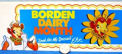 Elsie The Cow ~ Borden Dairy Month ~ ANTIGUO letrero vintage de tira de salón de lechería Foto 1 de 2