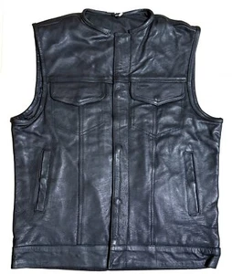 MENS SOA BLACK COLLARLESS LEATHER CLUB STYLE MOTORCYCLE VEST w/ GUN POCKETS- V99 - Picture 1 of 5