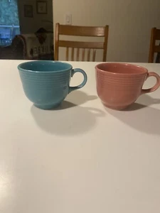 Vintage Fiestaware HLC Tea Coffee Cups Rose Pink & Blue Homer Laughlin Mug Set 2 - Picture 1 of 8