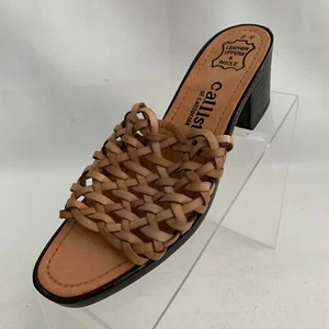 Callisto of California Sandals Woven Tan Leather Open Round Toe Block Heel Sz 8N - Picture 1 of 10