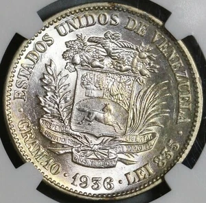 1936 NGC MS 63 Venezuela 2 Bolivares Silver Mint State Coin (20102703C) - Picture 1 of 7
