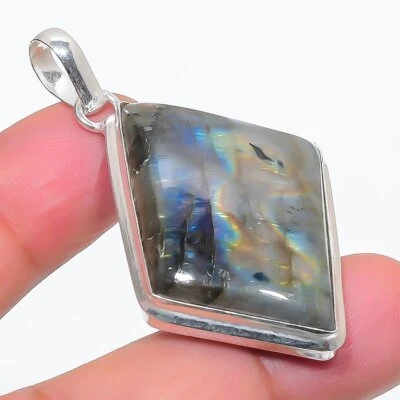 Ciondolo pietra preziosa labradorite fuoco blu fatto a mano gioielli antichi ... - Immagine 1 di 4
