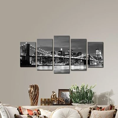 5 FRAMED WALL PRINT CANVAS ART HOME DECOR NIGHT CITY BROOKLYN BRIDGE NEW YORK - Image 1 of 4