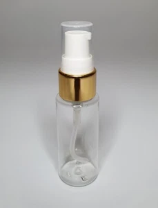 30ml PET Plastic Clear Cylindrical Bottle+Shiny Gold/White Serum Pump ANY AMOUNT - Picture 1 of 2