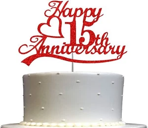 15th Anniversary Cake Topper Red Glitter, 15 Wedding Anniversary Decorations - Picture 1 of 4