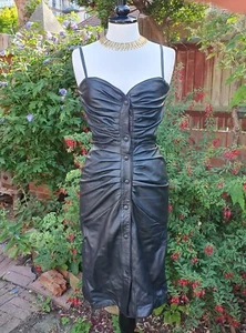 Vintage 1980s UK Made Genel Soft Leather Ruched Dress Size 6-8 - Picture 1 of 12