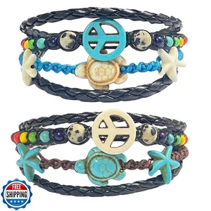 2Pcs Sea Turtle and Star Beads Bracelet - Peace Sign Hemp Bracelet-Raibbow Be - Picture 1 of 5