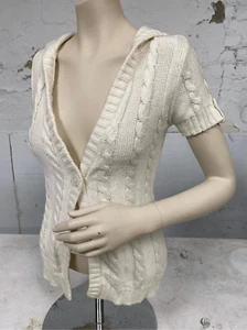 Justice Y2K Off-White Short Sleeve Hooded Cable Knit Sweater Lady’s s-xs / Girls - Picture 1 of 6