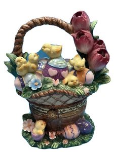 Vintage Easter Ceramic 6”T Trinket Basket With Flowers, Chicks & Eggs PO - Bild 1 von 11