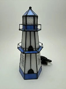 Blue &White Stained Glass Lighted Lighthouse 10in Electric Lamp  WORKS - Picture 1 of 10