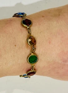 VINTAGE Austrian Crystal Multi-Colored Crystal Gold Tone Bracelet, 7.5” - Picture 1 of 9