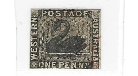 AUSTRALIA WESTERN 1854 SCOTT # 1 IMPERF 1 PENNY BLACK CLEAR MARGINS USED VF - Image 1 of 2