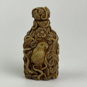 Honduras Folk Art Decanter Beer Bottle Tan Resin Parrot Leaves Vine Flower Notes - Picture 1 of 11