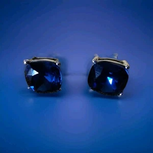 Blue Rhinestone Sapphire (Faux) Faceted Square Post Pierced Earrings Silver Tone - Picture 1 of 7