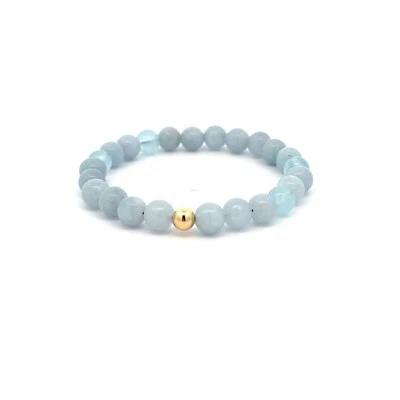 Натуральный аквамарин 6 мм эластичный браслет 18k золото бусина подвеска - Изображение 1 из 4