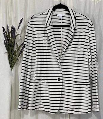 Old Navy Blazer 象牙色黑色条纹针织单扣斜杠口袋背面开衩 XL — 第 1/4 张图片