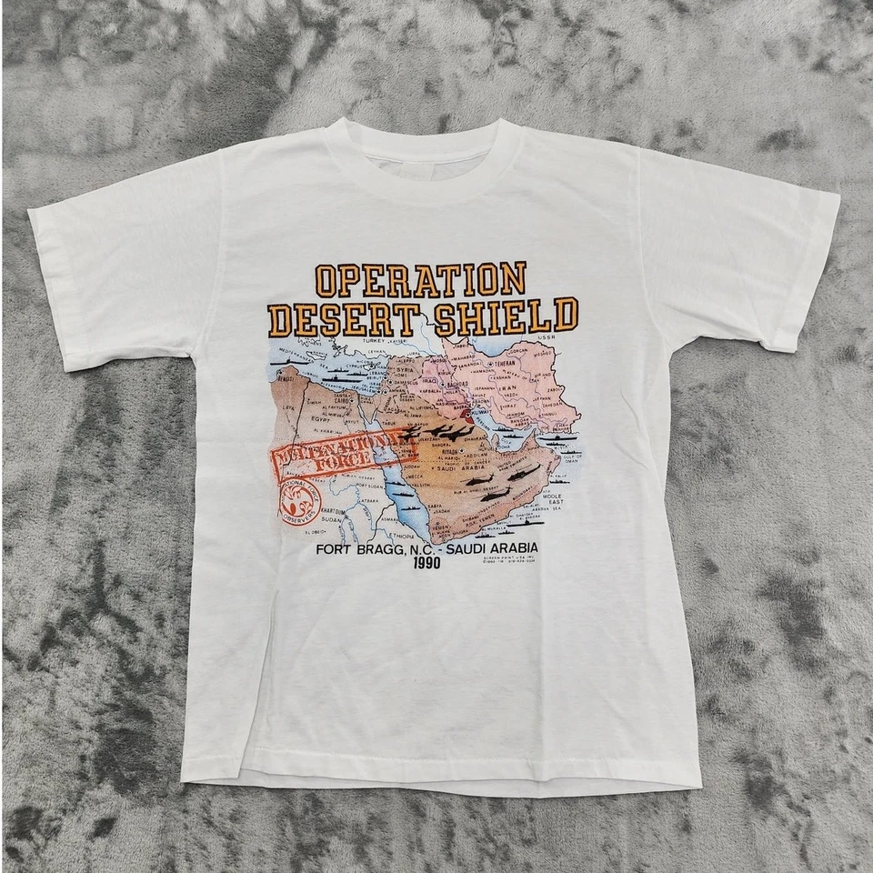 Camiseta de Colección Años 90 JVTs Top Mujer M Blanca Operación Escudo Desierto Gráfico Militar Foto 1 de 4