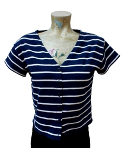 Madewell Button Front V-Neck Tee In Navy Stripe Size XS Cropped - Picture 1 of 3