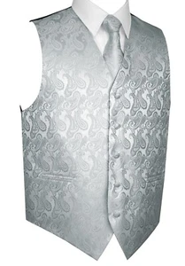 MEN'S SILVER PAISLEY TUXEDO VEST, TIE, HANKIE SET FORMAL WEDDING PROM HOMECOMING - Picture 1 of 4