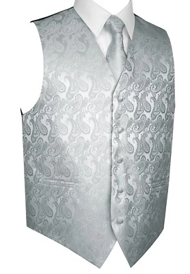 MEN'S SILVER PAISLEY TUXEDO VEST, TIE, HANKIE SET FORMAL WEDDING PROM HOMECOMING - Image 1 of 4