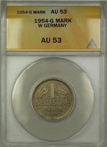 1954-G West Germany 1M One Mark Coin ANACS AU-53 - Picture 1 of 2