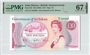 ST HELENA 10 Pounds 1985, P-8b, Sign: 3, PMG 67 EPQ Superb Gem UNC, QEII Note - Picture 1 of 2