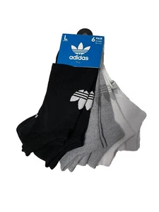adidas Originals Trefoil Socks Mens Large No Show 6 Pairs Black Grey White - Picture 1 of 3