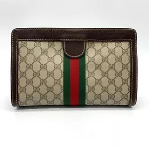 Authentic Vintage Gucci GG Monogram Clutch Bag Web Stripe Brown Leather Italy - Picture 1 of 12