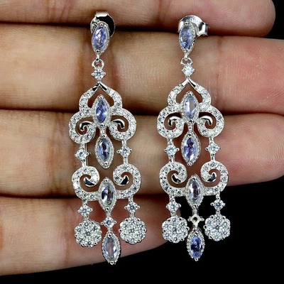 Pendientes de plata de ley 925 marquesa tanzanita piedras preciosas naturales joyería Foto 1 de 4