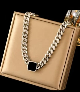 Thick Stainless Steel Cuban Link Silver Black Square Pendant Necklace 604 - Picture 1 of 2