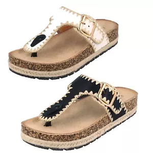 Ladies Down to Earth Low Flat Form Buckle Toe Post Sandal - F1R2105 - Picture 1 of 21