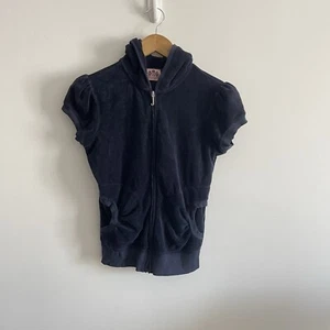 Vintage Juicy Couture Hoodie Womens M Blue Terry Zip Up Short Sleeve Jacket Y2K - Picture 1 of 9