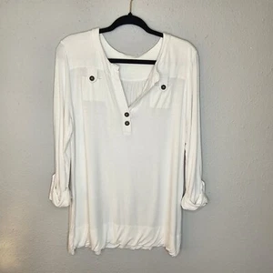 Soft Surroundings Rolled Sleeve Womens Tunic Shirt L Large V Neck Buttons White - Picture 1 of 12