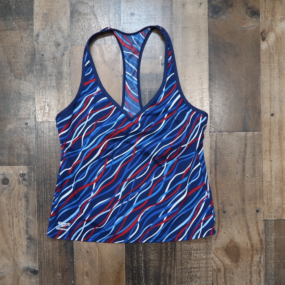 Speedo Endurance 女式 14 码蓝色红色白色赛车背心内置文胸 — 第 1/4 张图片