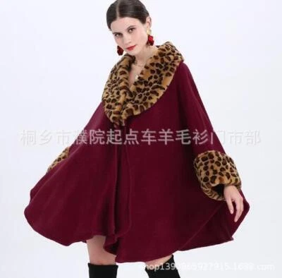 Loose Ladies Fur Collar Shawl Knitted Oversize coat Poncho Cape Leopard Print - Image 1 of 4