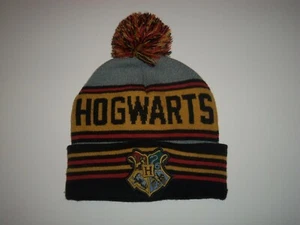 Harry Potter Gray Black Red Orange Hogwarts Logo Pom Pom Cap Hat Beanie - Picture 1 of 4
