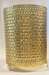 Hollywood Regency Gold Medal Basketweave Wastebasket Cover - Picture 1 of 6