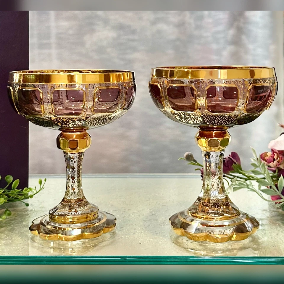 Steiner & Vogel Champagne Gold & Amethyst 1920's Art Deco Moser Cabochon Panels - Image 1 of 4