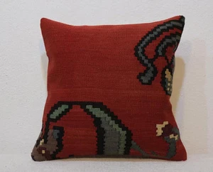 16''x16'' Anatolian Boho Red Pillow Turkish Kilim Pillowcase Ethnic Cushion - Picture 1 of 5