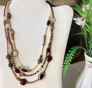 Beaded Faux Stone 3 Strand Necklace Mixed Media & Metal Vintage Boho Neutral 20” - Picture 1 of 9