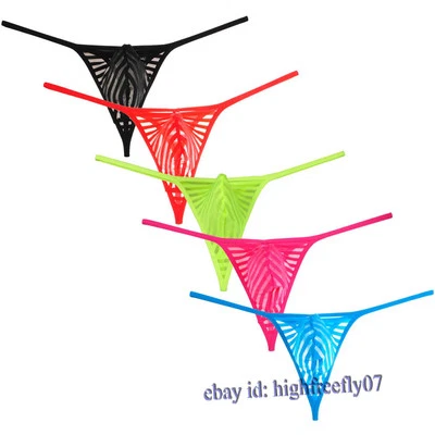  Men String Bulge Pouch Tanga Underwear See-through Stripe Mesh Micro Thong Pant - Image 1 of 4