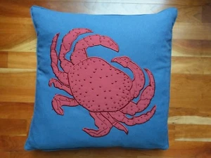 Blue Crab Embroidered Red Navy Square Down Feather Throw Pillow Nautical Beach - Picture 1 of 12