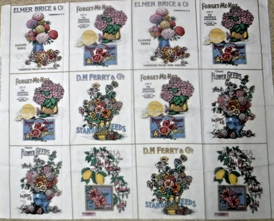 NEW FABRIC Concord Joan Kessler 12 Flower SEED PACKET 12"x10.5" Panels Off-White - Image 1 of 4